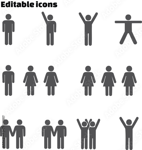 Collection of people icons showing different poses and relationships in black color