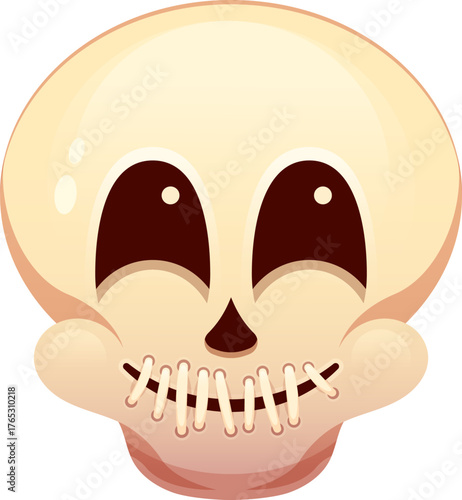 Halloween holiday skull emoji cartoon character icon. Isolated vector funny dead head emoticon with sewed smiling mouth. Human cranium with squint eyes represents death, or humor for festive messages