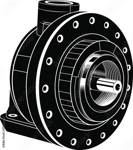 Harmonic drive gear assembly illustration, precision mechanical component, rotary actuator design, robotics engineering part, industrial machinery schematic drawing, technical engineering concept
