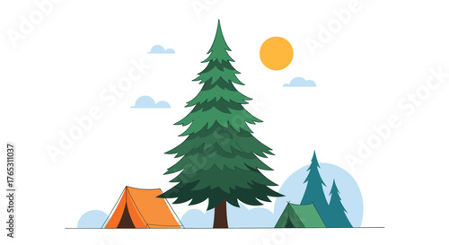 Camping in the wilderness with tents and tall pine trees under a bright sun.