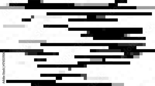 Abstract monochrome backdrop with horizontal black lines and geometric pixelated shapes creating a modern, fragmented pattern on a clean white background for digital design