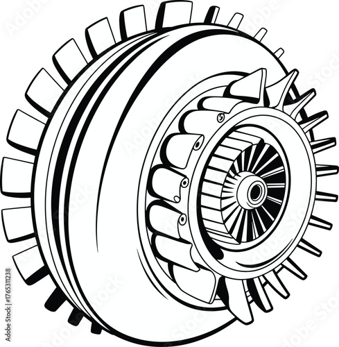 Jet engine illustration, turbine drawing, mechanical engineering sketch, aerospace component, compressor blades, aviation design, technical diagram, propulsion system, black and white