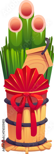 Cartoon kadomatsu traditional Japanese new year decoration made of bamboo, pine and straw symbolizing prosperity and welcoming ancestral spirit to bless the home. Isolated vector Asian holiday element