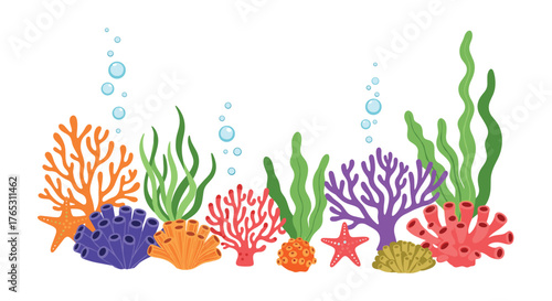 Vibrant Underwater Scene with Colorful Corals and Seaweed.