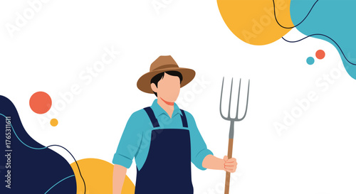 Farmer with Pitchfork Standing in Field.