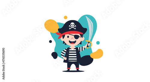 Happy Young Pirate Boy with Eyepatch and Sword.