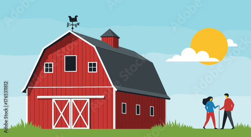 Two people shaking hands in front of a red barn on a sunny day.