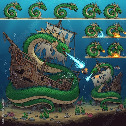 Dragon attacks ship underwater, pixel art scene