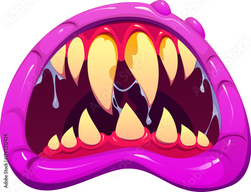 Cartoon Halloween monster mouth with wide pink lips, jaws and dripping saliva from sharp yellow fangs. Monstrous jaws with exaggerated curved fangs and dripping goo from monster mouth for Halloween