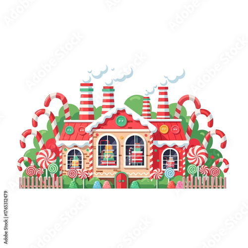 Cartoon Candy Factory Illustration with Candy Canes and Lollipops