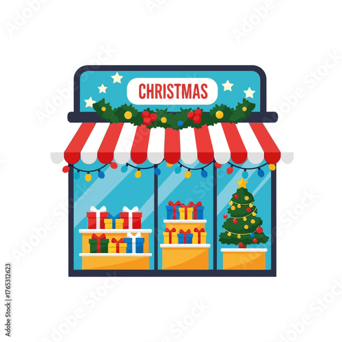 Cute Christmas Shopfront with Gifts and Tree Illustration