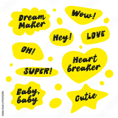 A collection of yellow stickers with funny inscriptions - wow, oh, hey, dreammaker, super, baby, cutie, love, heartbreaker. Cool lettering for chatting