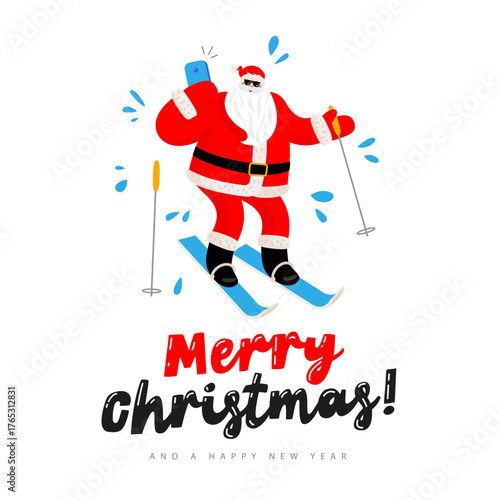 Santa Claus on skis and with a phone in his hand takes a selfie and wishes everyone a Happy New Year. Cool hand-drawn lettering - Merry Christmas.