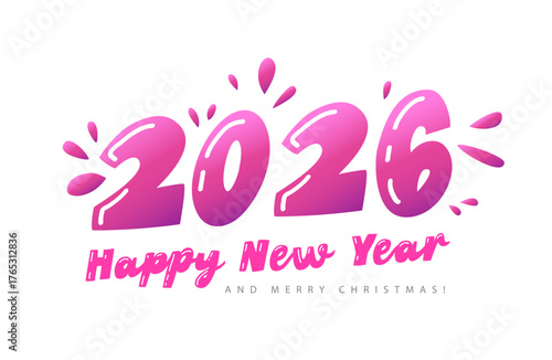 The pink logo of 2026. New Year's Lettering - Happy New Year 2026 with splashes of pink ink on a white background. Holiday greeting card