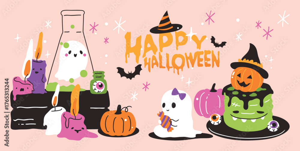 Naklejka premium Vector Happy Halloween banner with ghosts, pumpkins, bats, witch hat, cauldron, and pink background