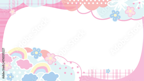 Vector pastel cute background with rainbows, clouds, flowers, and decorative frame for kids and students