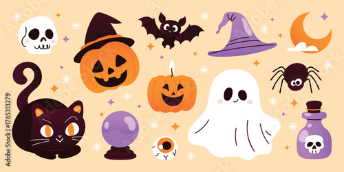 Vector Happy Halloween set with black cat, ghost, pumpkins, bat, skull, witch hat, and spooky decorations