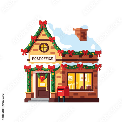 Festive Christmas Post Office Building Illustration with Decorations