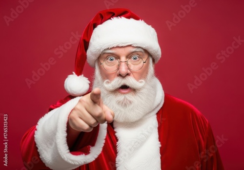 Santa claus points finger with a serious expression against red background