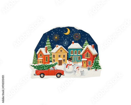 Christmas Village Scene with Snow, Festive Homes, and a Tree