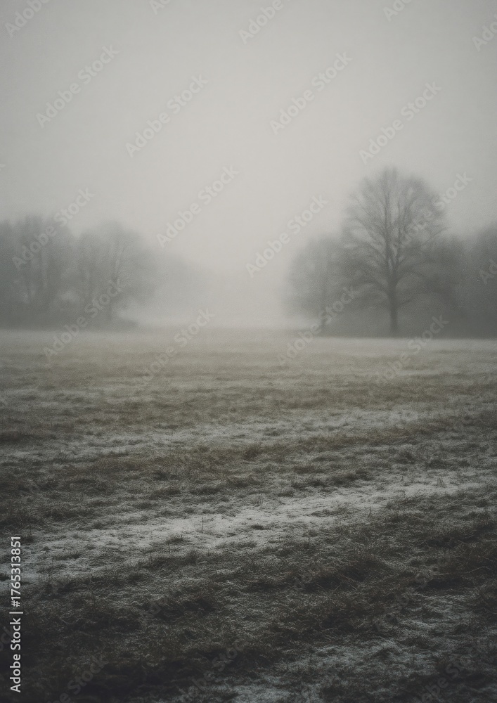 Obraz premium Misty landscape with barren trees.