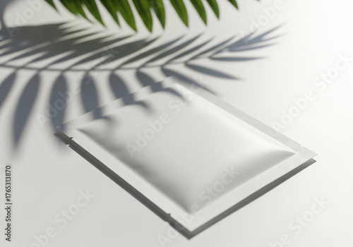 White Sachet With Palm Leaf Shadow on Bright White Background