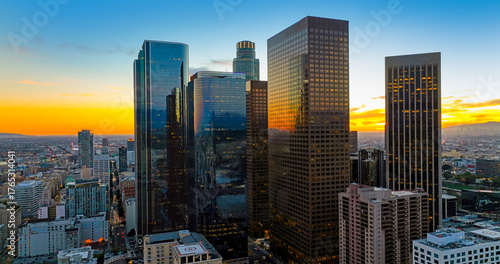 Cuadro en lienzo Aerial drone view of downtown Los Angeles with skyscrapers