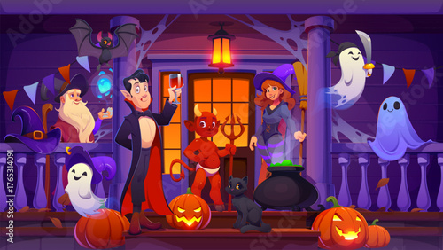 Halloween porch with scary cartoon characters. Vector witch stirring potion, vampire with glass. Wizard owl, devil with trident and flying ghosts with glowing pumpkin lantern, spider cobweb on porch