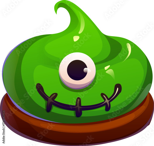 Cartoon Halloween tart with green cream and Frankenstein face. Sweet chocolate cookie base and glossy cream top with cyclops eye and stitched smile. Halloween pastry tart for party and treats