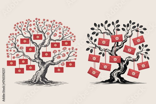 Two Stylized Trees Bearing Red Envelopes with Ornate Designs hanging branches