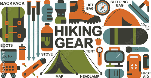 Hiking Gear Flat Lay Backpack, Tent, Sleeping Bag, Compass, First Aid, and More Essentials