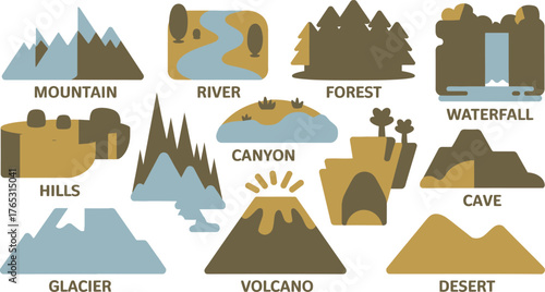 Illustrated Natural Landscapes Mountain, River, Forest, Waterfall, Hills, Canyon, Glacier, Volcano, Cave, and Desert