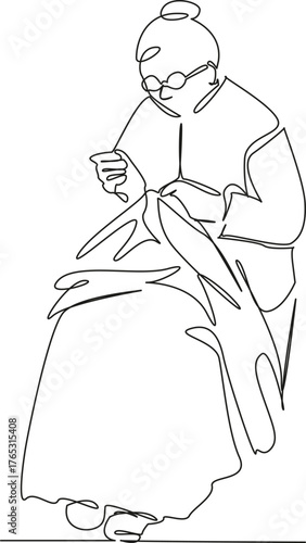 One continuous single drawing line art flat doodle embroidery, sewing, textile, fabric, hand-made, elderly, thread, needlecraft. Isolated image hand draw contour on a white background, hand drawn, not