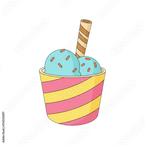 Colorful ice cream in striped cup with straw and sprinkles  