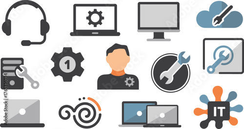 Illustration of IT Support and Services Featuring Computers, Headset, Tools and Specialist Icons