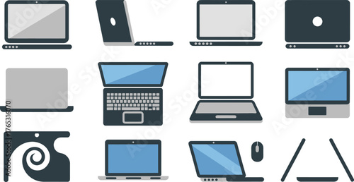 Illustration of Laptops and Computer Elements in Various Styles and Configurations on White