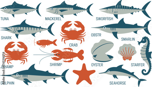 Illustration of Marine Life Fish, Shellfish, Crab, Dolphin, and Seahorse Graphics