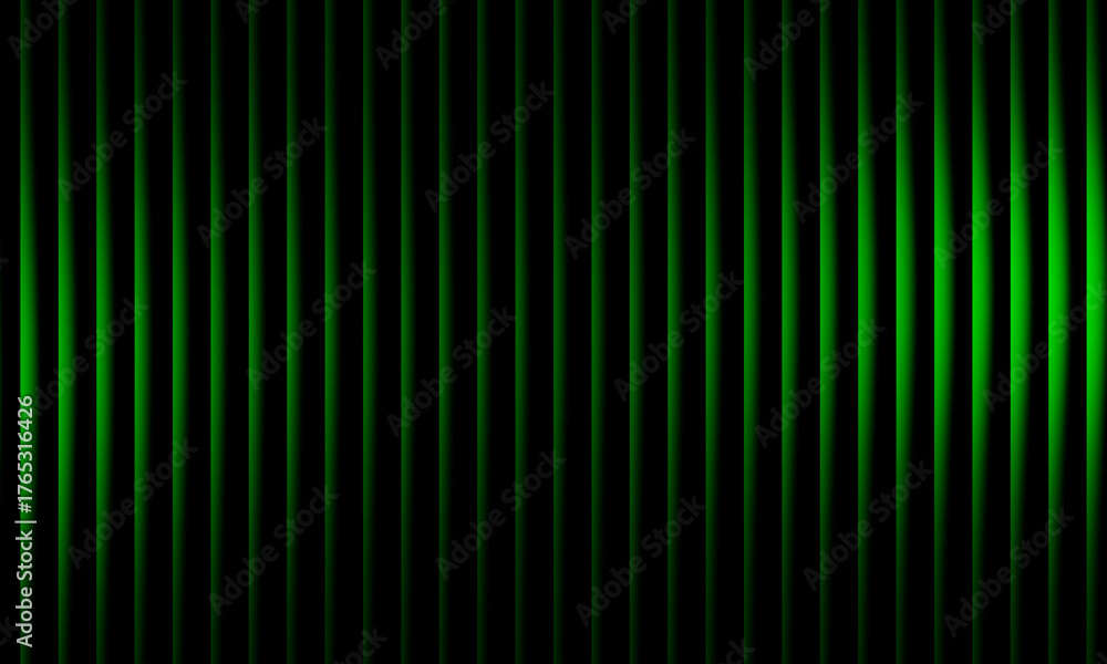 Fototapeta premium Abstract green light wave pattern with glowing vertical gradient lines on black background, futuristic energy motion, digital art, modern wallpaper design