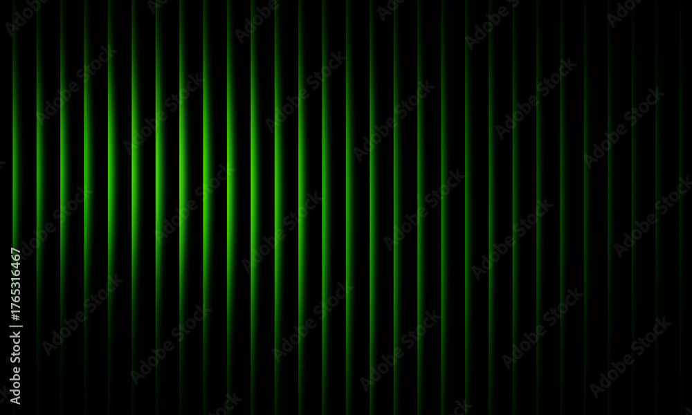 Fototapeta premium Abstract green light wave pattern with glowing vertical gradient lines on black background, futuristic energy motion, digital art, modern wallpaper design