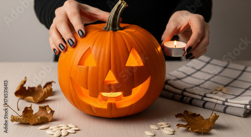 A person carves a smiling face into a pumpkin, preparing for Halloween with a lit candle.