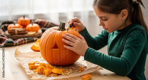 A young girl carves a pumpkin on a table, preparing it for Halloween with tools and pumpkin pieces scattered around.