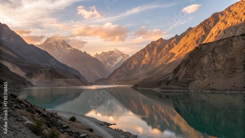 This image showcases a magnificent mountain landscape featuring a serene, emerald-green lake reflecting the dramatic peaks and a soft, colorful sky, l