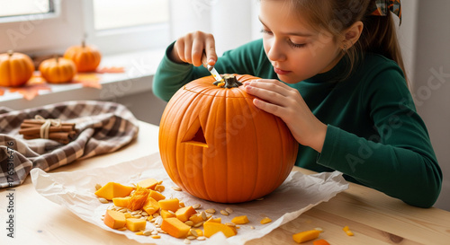 A young girl carefully carves a jack-o'-lantern pumpkin with a small knife, preparing for Halloween.