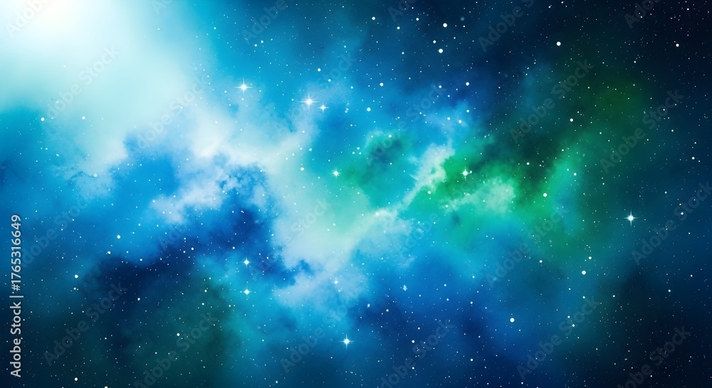 Fototapeta premium Vibrant abstract cosmic light burst digital art ethereal glow background shimmering blue green texture effect