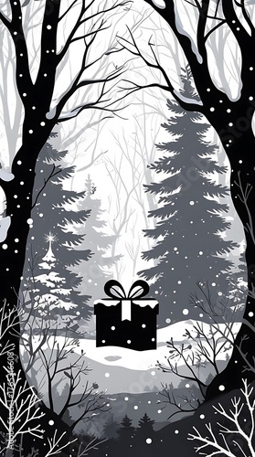 Winter wonderland illustration depicting a snowy forest landscape with a christmas gift present