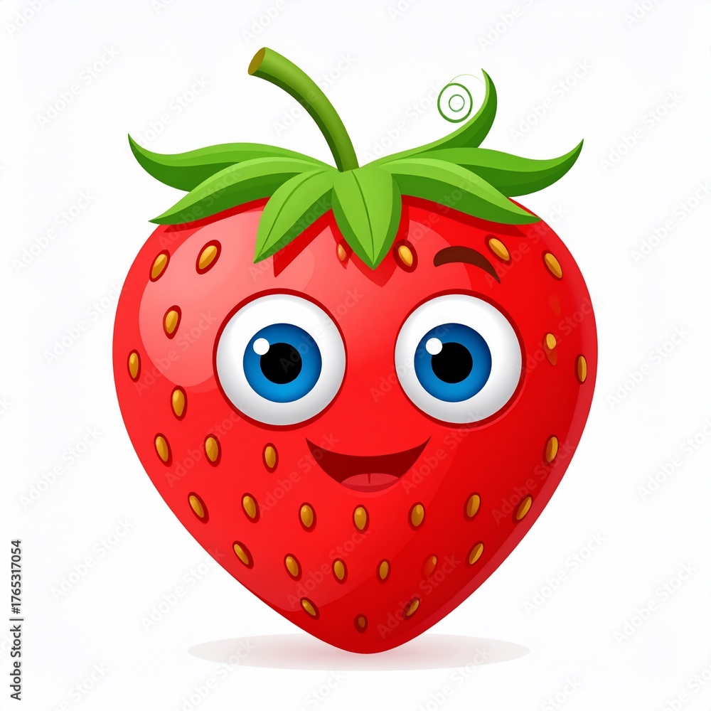 Obraz premium A cartoon strawberry with big blue eyes, a wide smile, and a wink, set against a white background