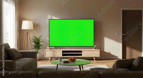 Modern Living Room TV Green Screen — Layar TV di Ruang Tamu Modern