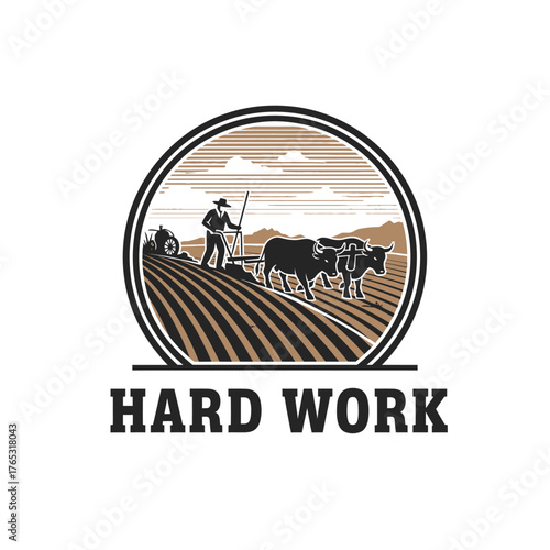 Vintage Farmer Plowing with Oxen Vector Logo