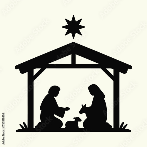 Sacred Christmas Nativity Silhouette — Mary, Joseph, and Baby Jesus Under the Star of Bethlehem, Capturing Quiet Reverence and Holy Night Serenity