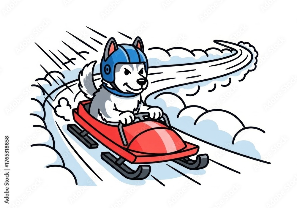 Naklejka premium A cartoon dog riding a sled in the snow